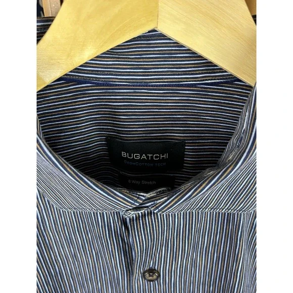 BUGATCHI Ooocotton Tech 8 Way Stretch Long Sleeve Shirt Large‎ Blue Brown Stripe - Picture 5 of 16